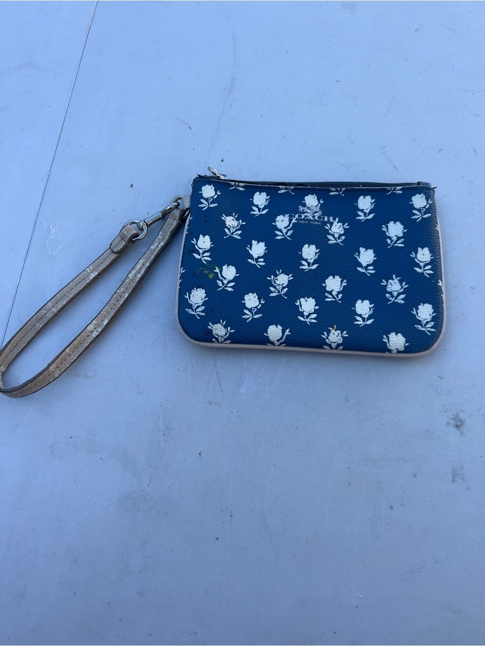 Coach Navy Floral Wristlet with Cream Strap